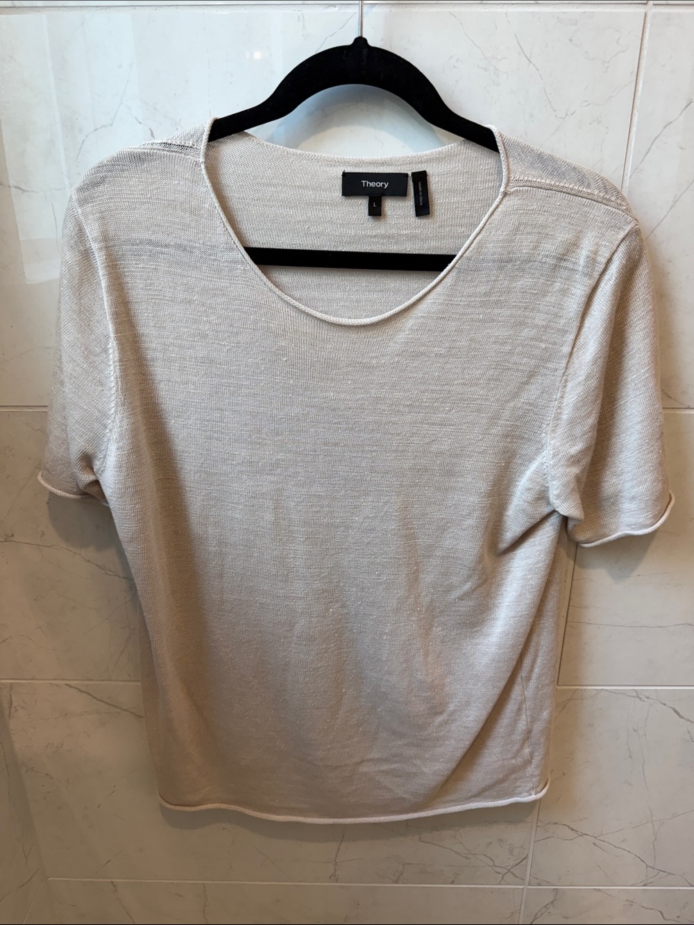 Theory Metallic Short Sleeve Knit Top in Light Beige